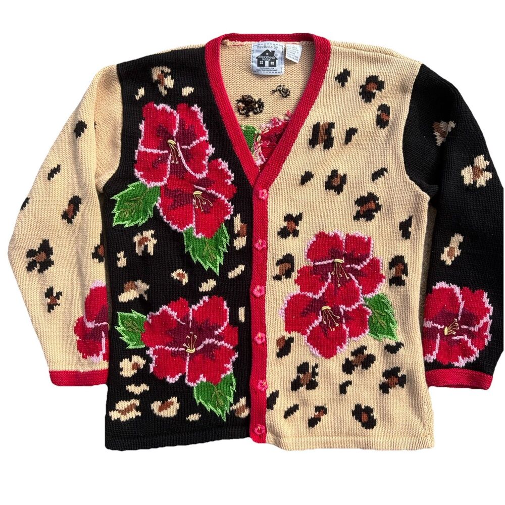 STORYBOOK KNITS Hibiscus Sweater Heavy knit Embroidery Christmas Vintage Size L